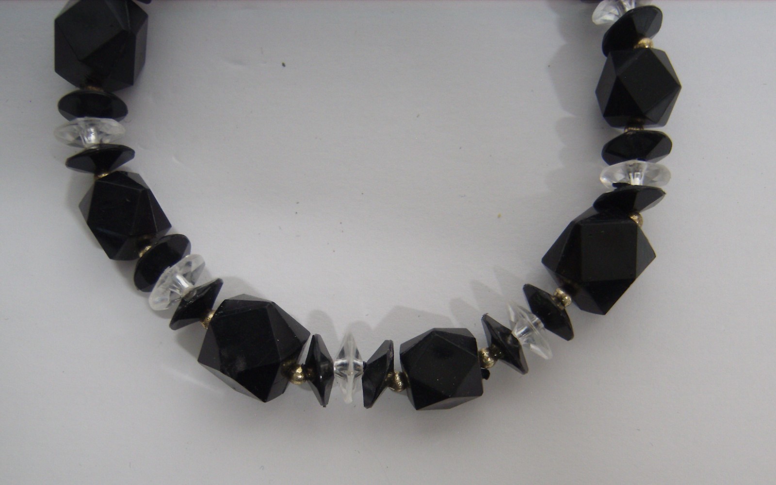 RETRO Black Acrylic Faceted Bead Necklace 24″ Long Art Deco Style Plastic