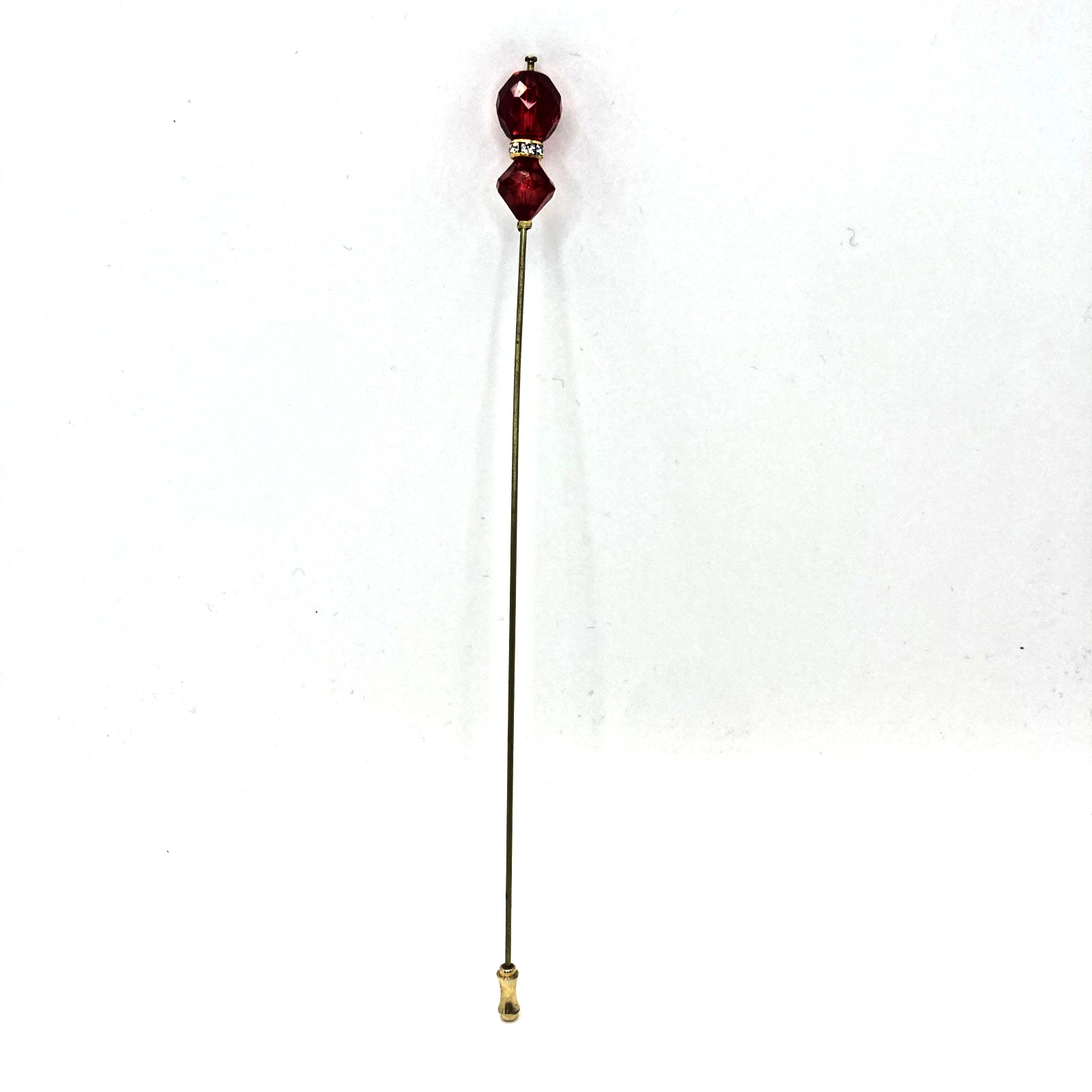 7.25″ Red crystal Faceted Glass Round & Diamond Shape Hat Stick Pin Gold Tone