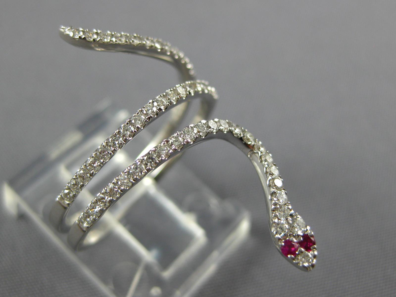 ESTATE 0.35CT DIAMOND & AAA RUBY 18KT WHITE GOLD 3D CLASSIC HAPPY SNAKE FUN RING