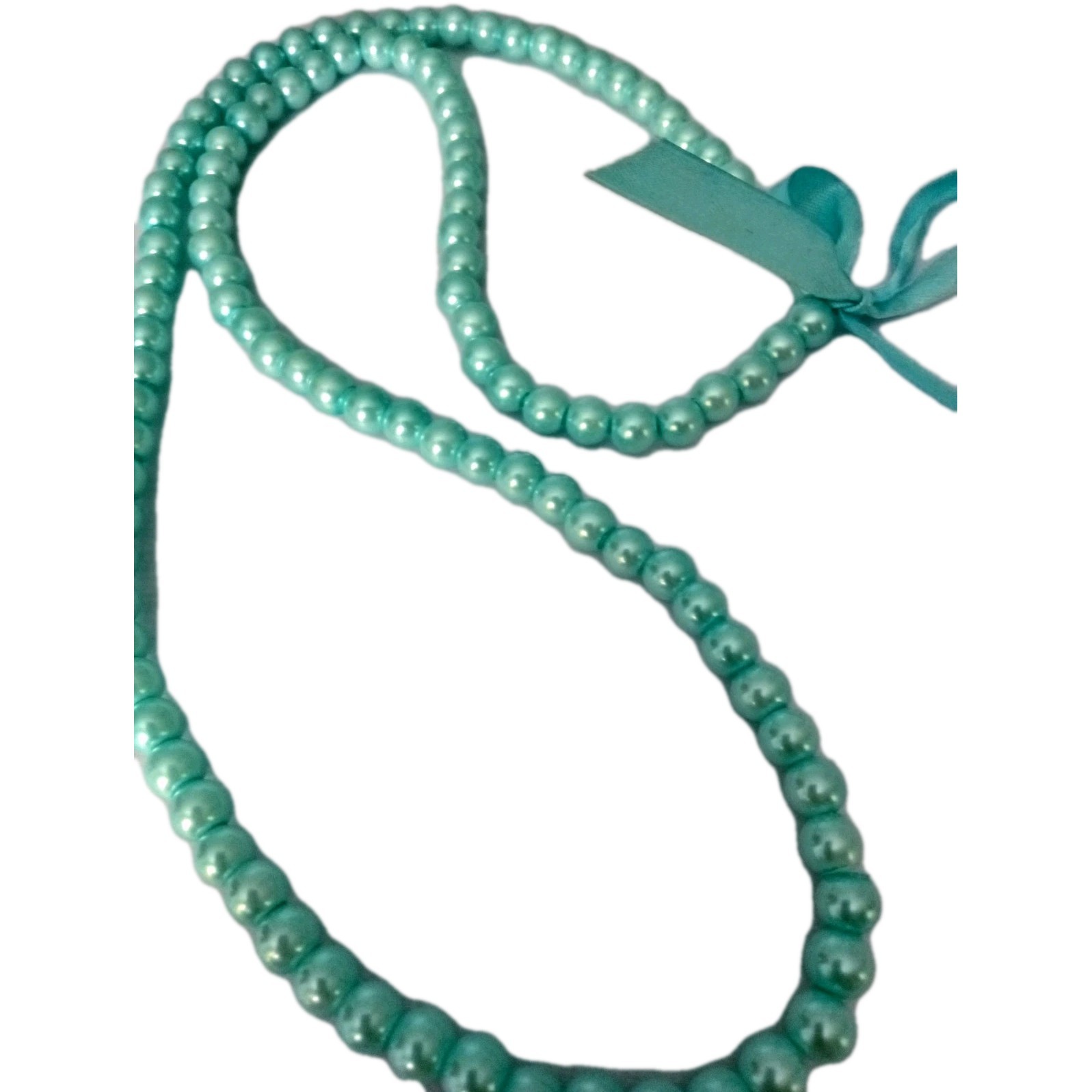Vintage Faux Pearl Aqua Necklace Ribbon for Bow 30 in No Clasp