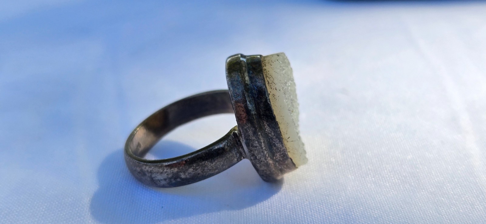 Vintage 925 Sterling Silver Agate Druzy Geode Stone Smooth Border Ring US Size 6