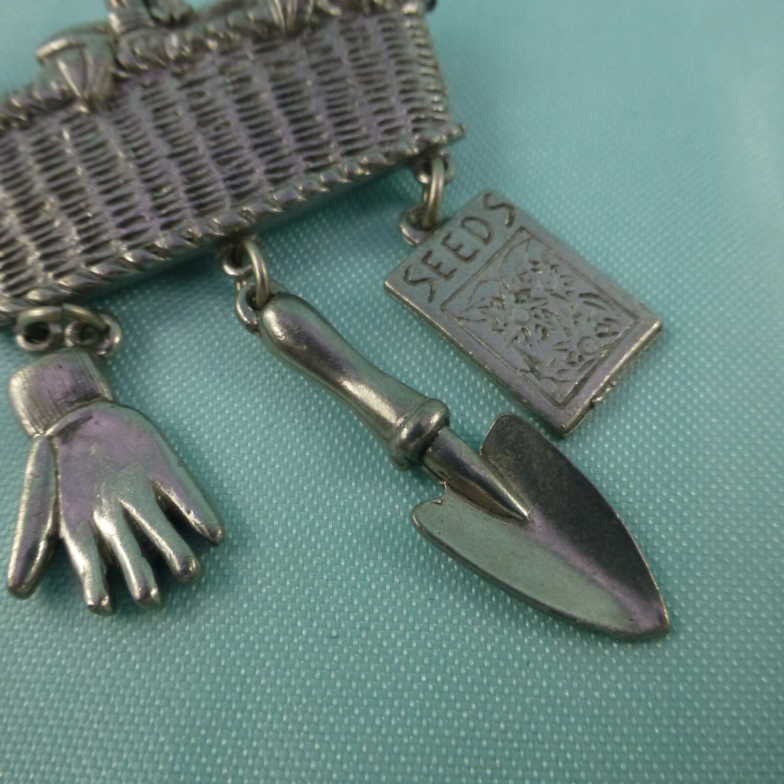 Pewter Gardening Basket Pin Brooch Signed CLIFT Flowers Dangles Seeds Gardener