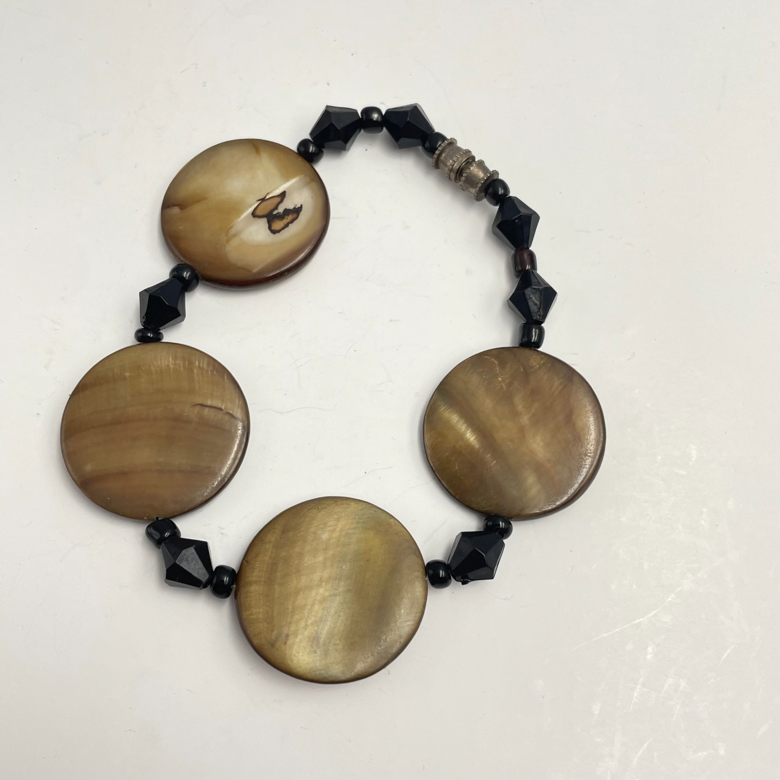 Vintage 90s Brown Shell & Black Glass Bead Bracelet Boho Earthy Minimalist Boho