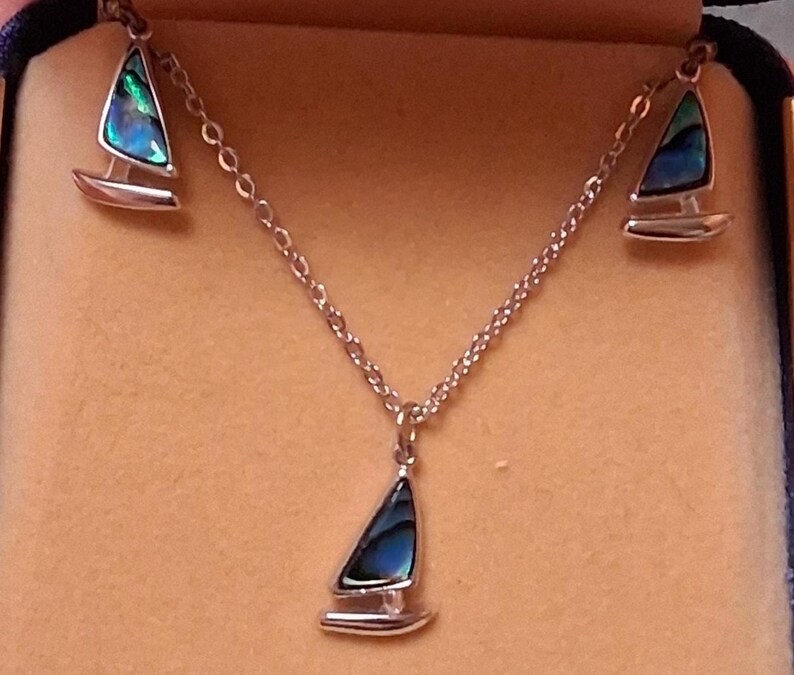 Vintage Sea Opal Sailboat Set Necklace Earrings Anzac Boxed