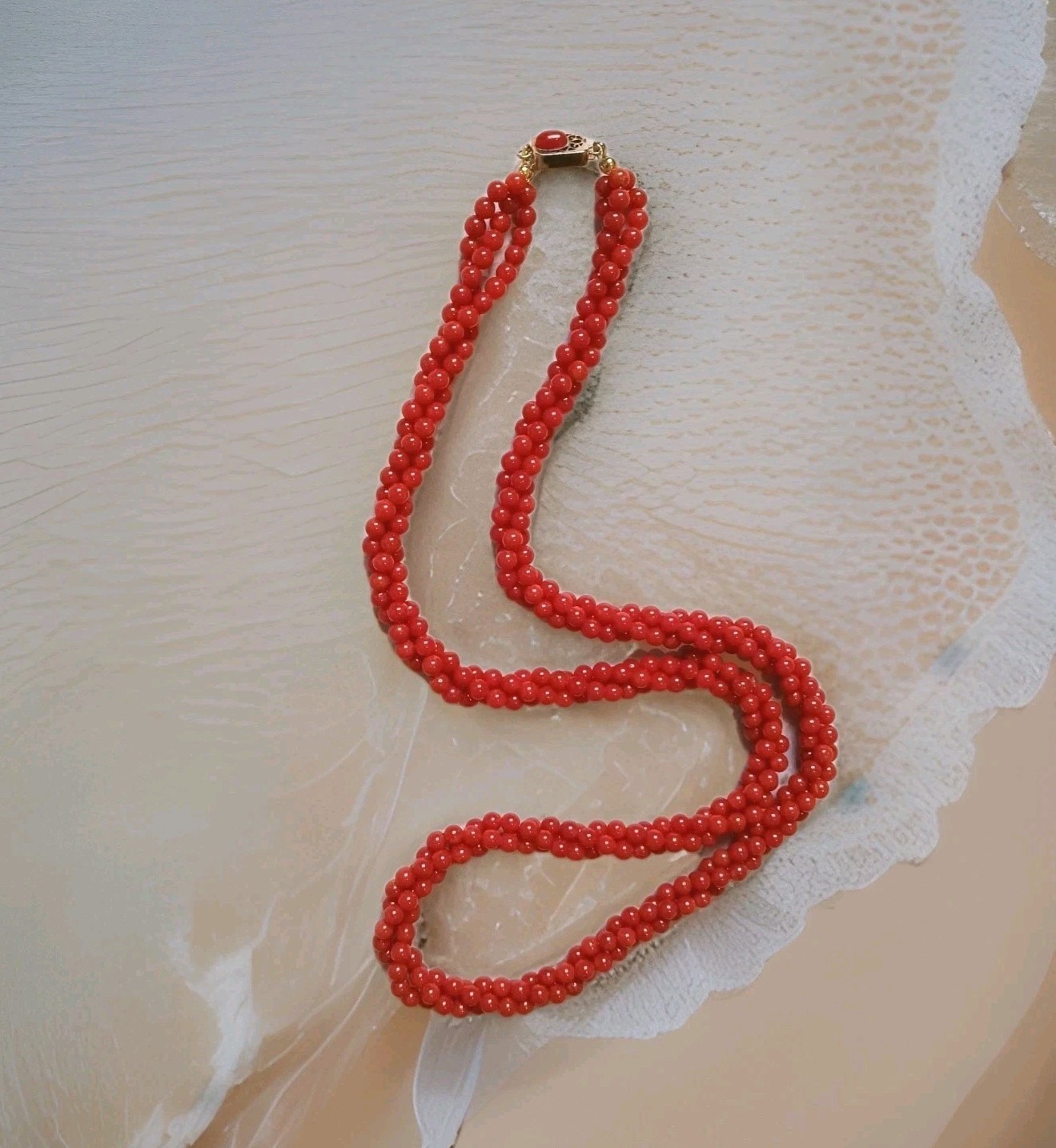 Ox Blood Red Mediterranean Coral Beaded Rope Necklace Vintage Victorian Replica