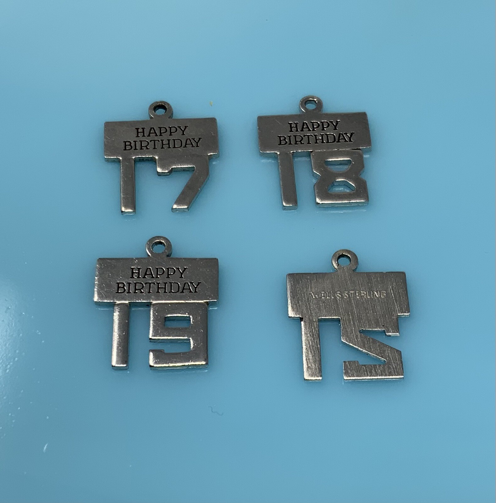 Vintage Sterling Silver Happy Birthday 17 18 19 21 Wells Number Charm Lot 4