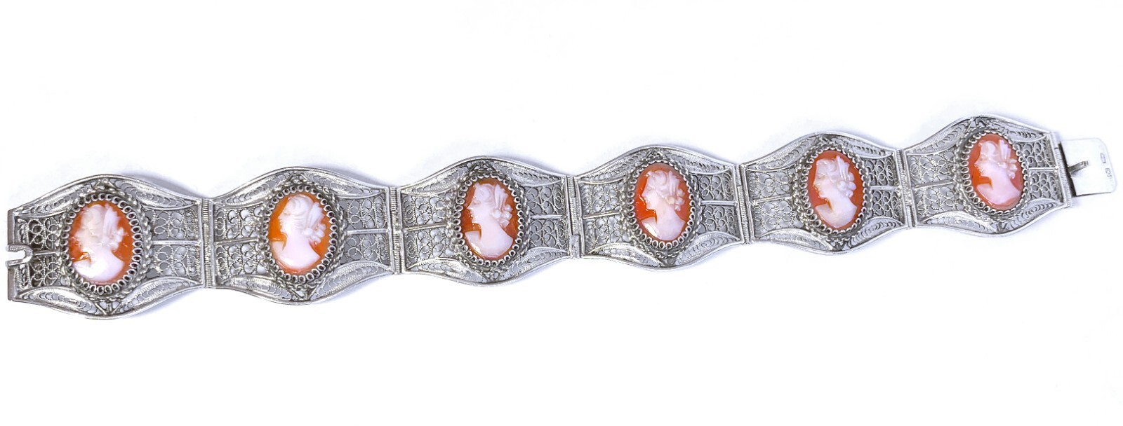 Vintage 6 Cameo Cannetille Bracelet & Cameo Earrings from Italy 800 925 Silver