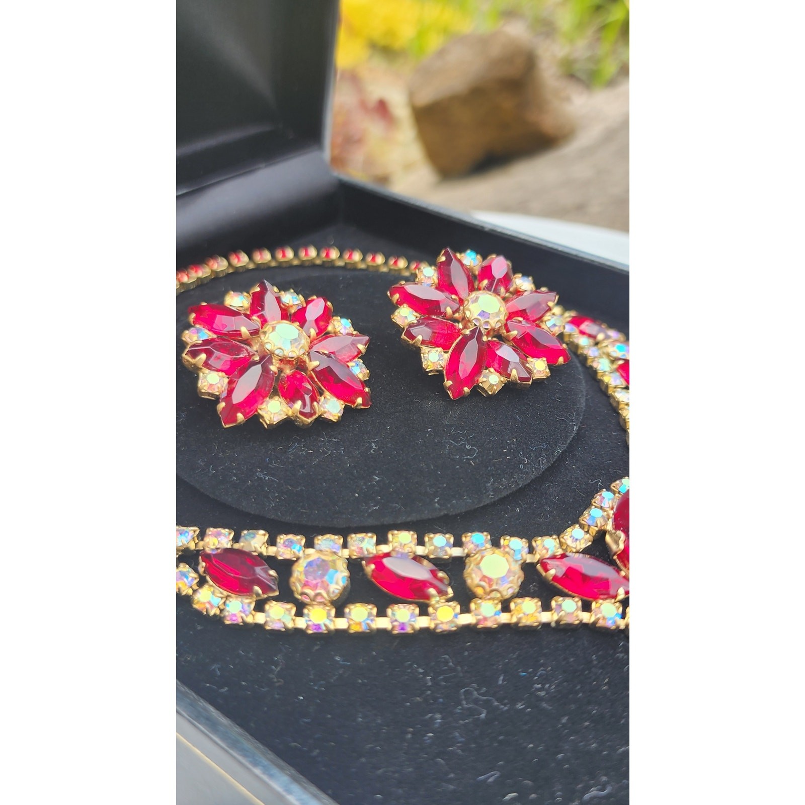 Rare Juliana DeLizza And Elster Red Rhinestone Necklace and Earrings Set