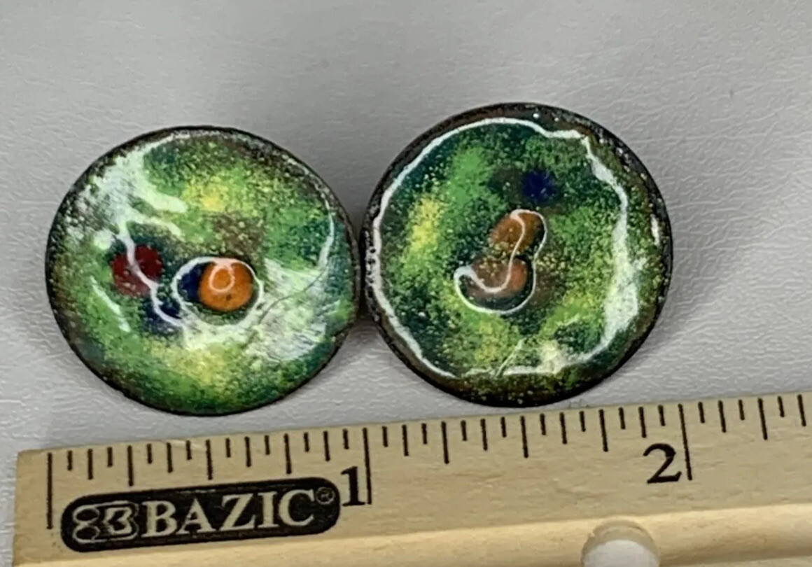 Vtg Estate MCM Earrings Enamel on Copper Screw On Round Discs Earthtones