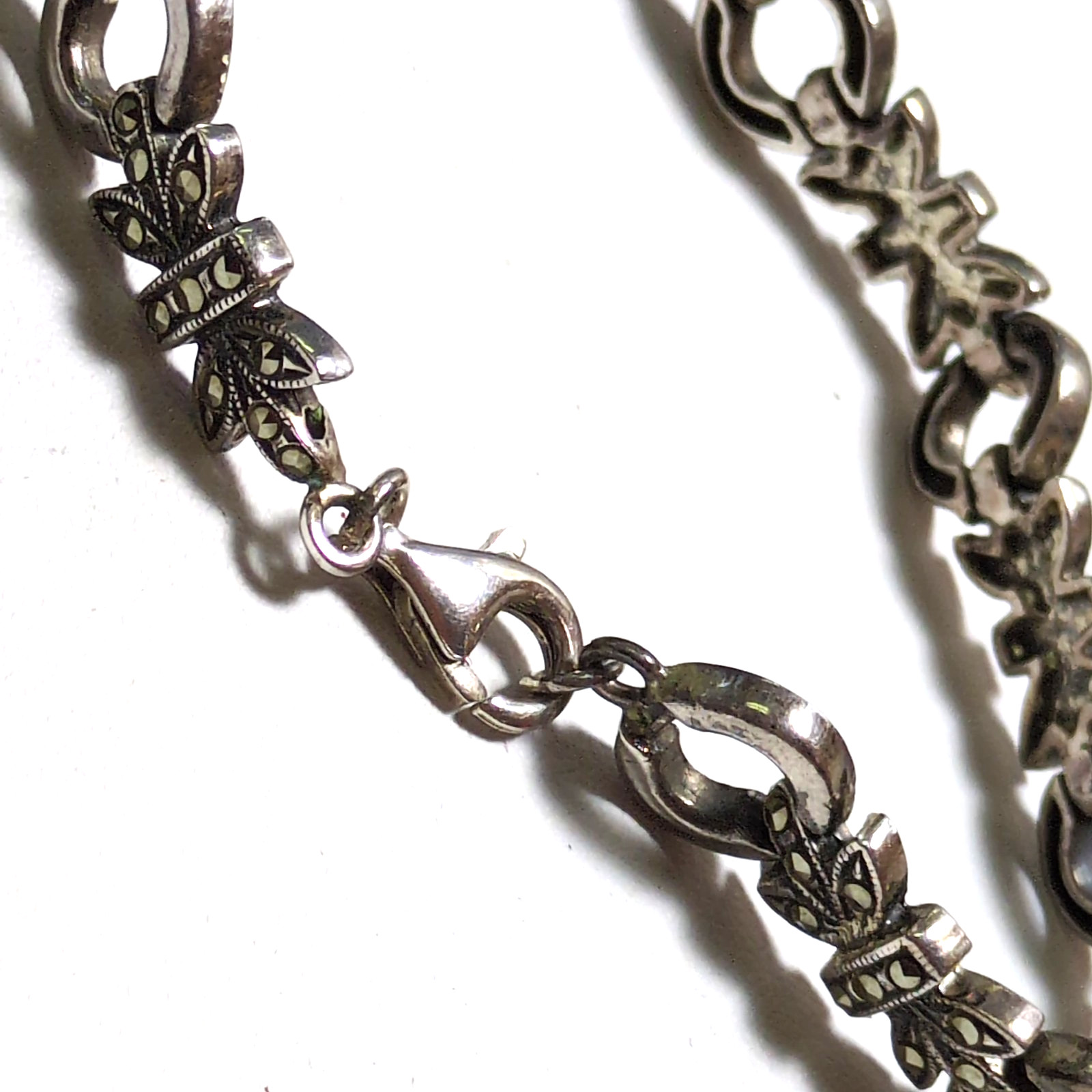 Gothic Art Deco Style Sterling Silver Marcasite Ornate Link Bracelet 8″