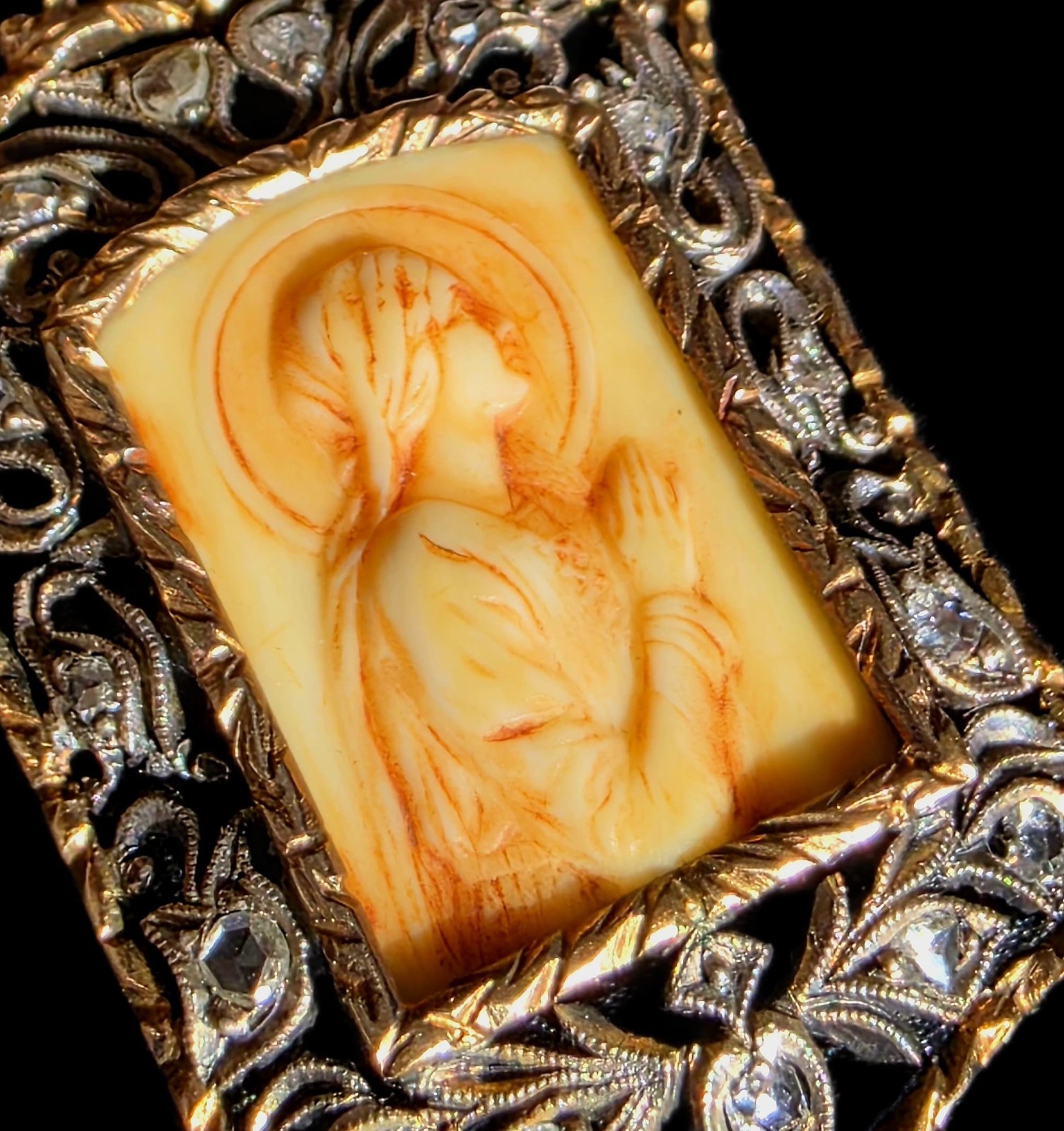 Fine Antique Art Nouveau 18K Gold Silver Diamonds Virgin Mary Pendant Ca 1900