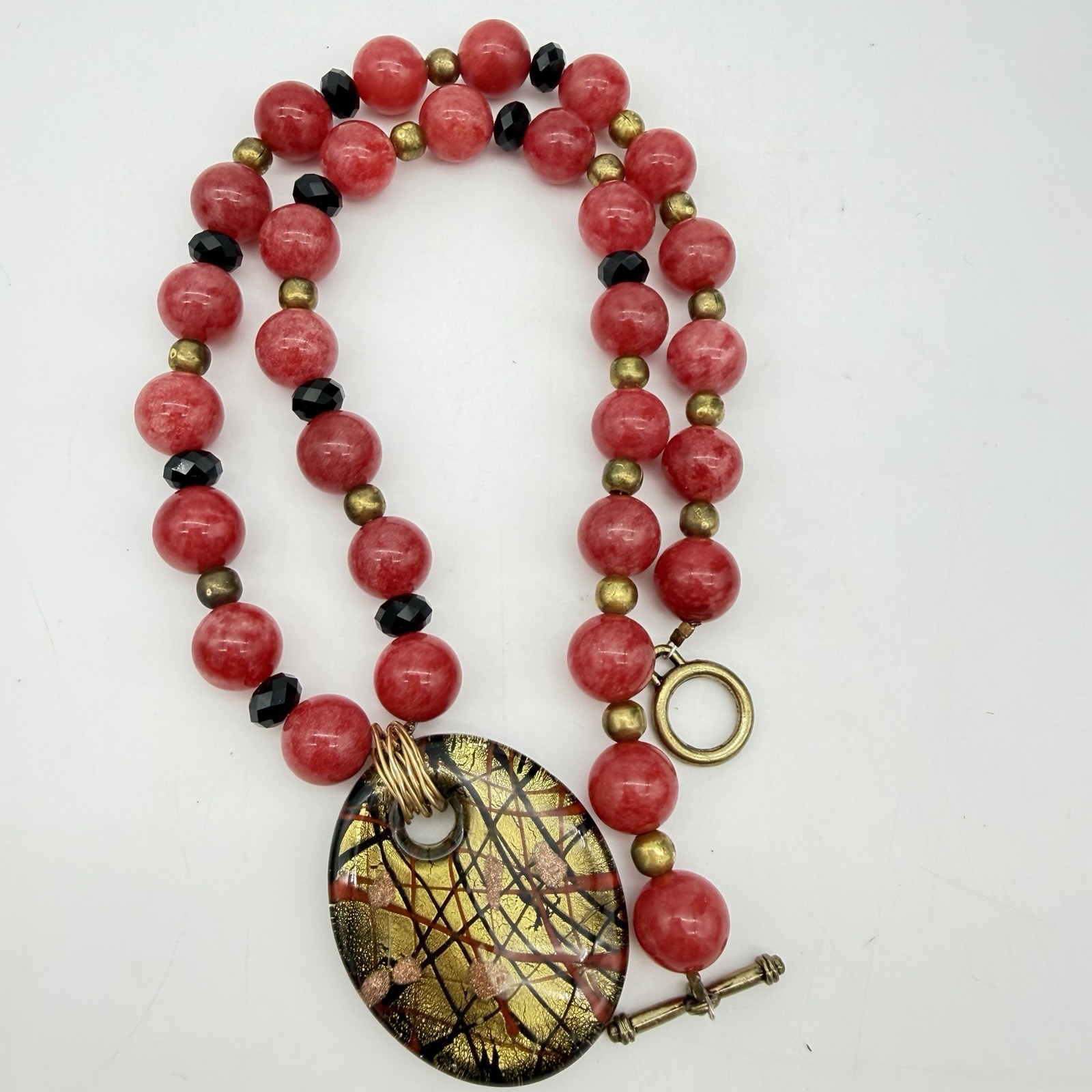 Vintage Artisan Rhodocrosite Pink Gemstone Necklace Murano Pendant Estate
