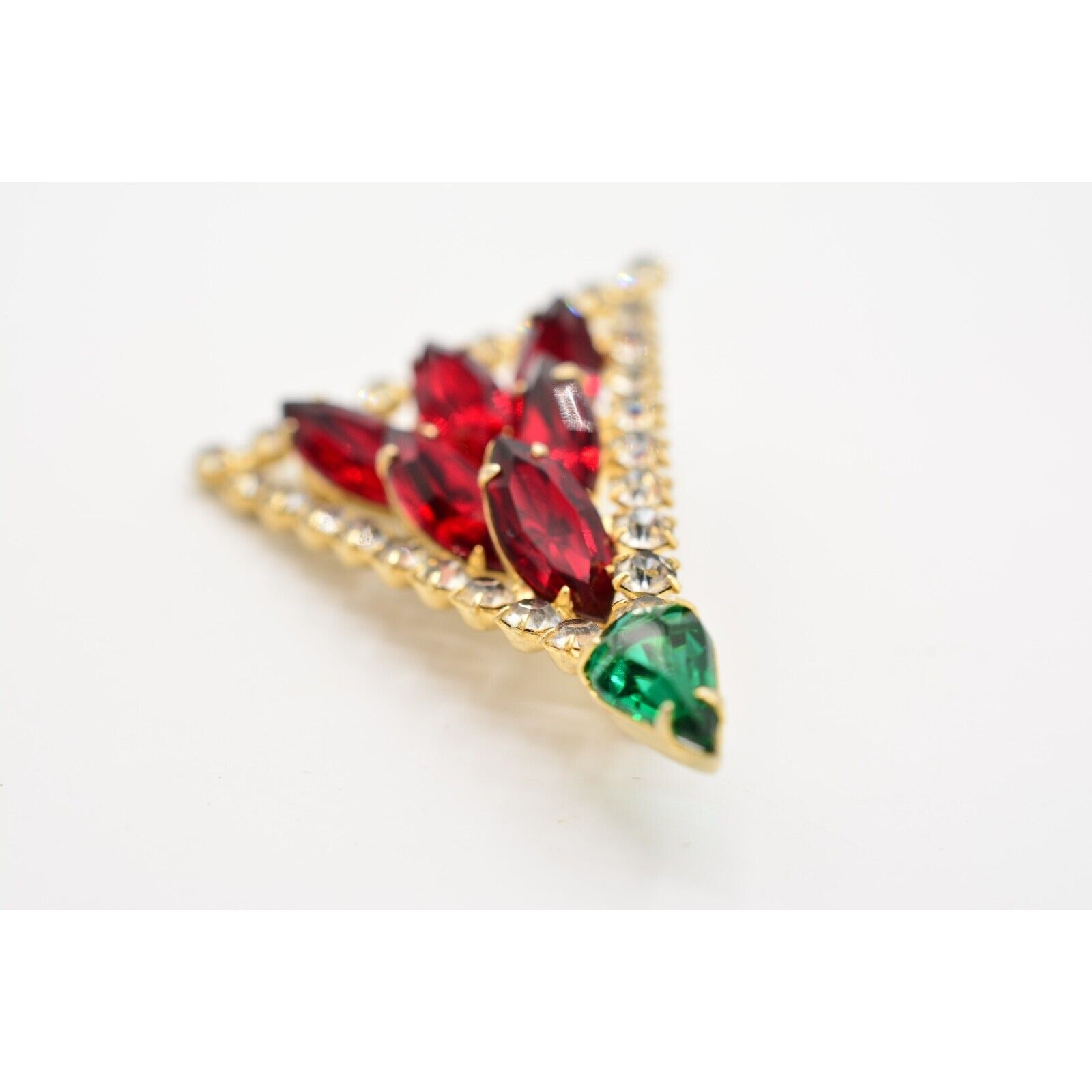 Vintage Crystal Christmas Tree Brooch Gold Green Red Marquise Rhinestone BinB