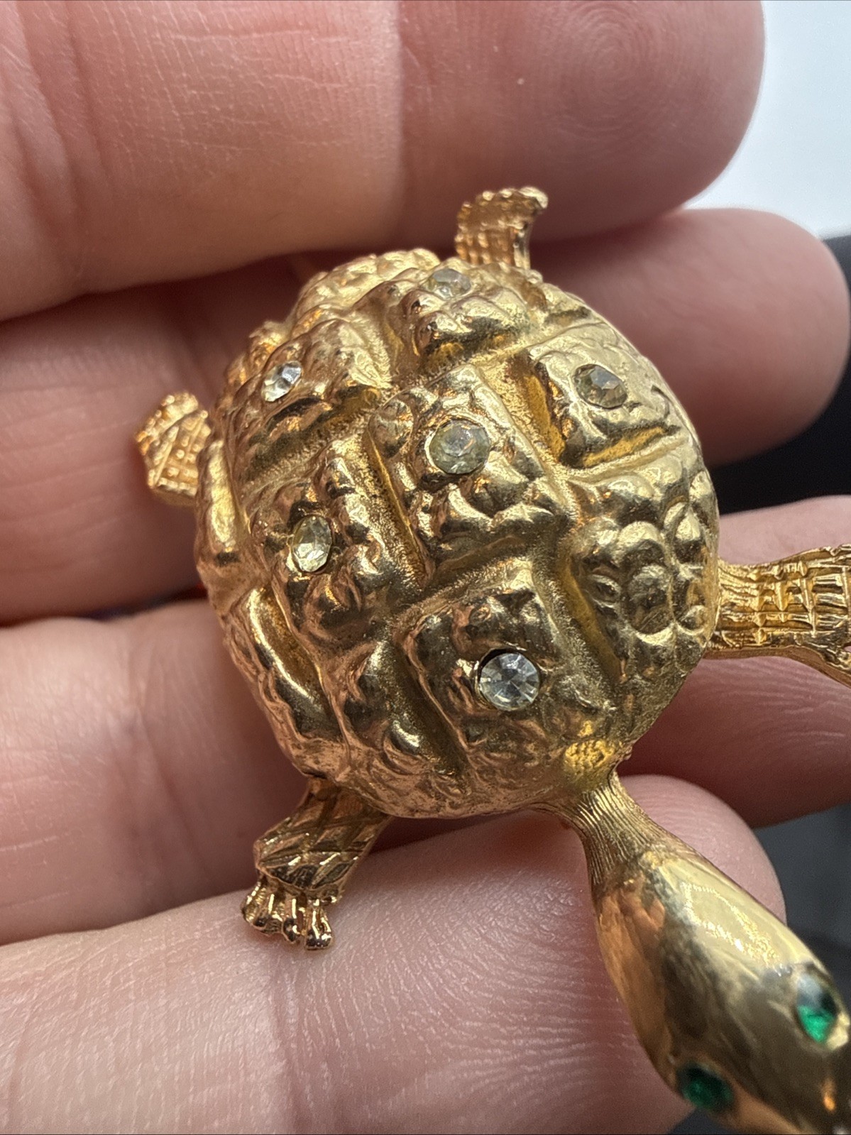 Gold Turtle Brooch/Pin With Green Eyes And Clear Stones On Shell Vintage (READ)!