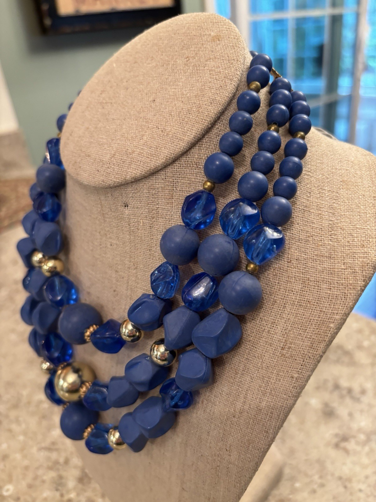 Vintage 50’s-60’s 3 Strand Plastic Blue Beaded Choker Necklace 16 1/2 Inch