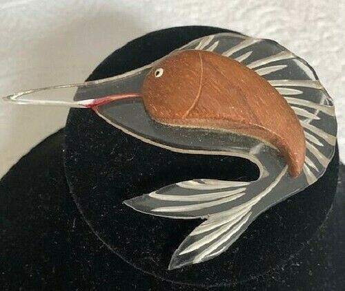VINTAGE 1950’S LUCITE AND WOOD SWORDFISH BROOCH
