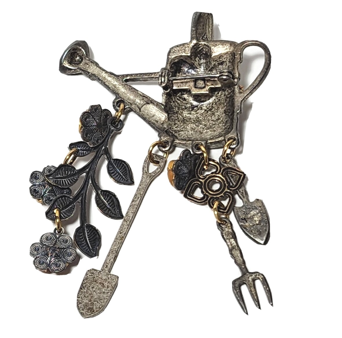 Vintage Jewelry Pewter Metal Garden Brooch Pin w Rhinestones & Gold Flowers