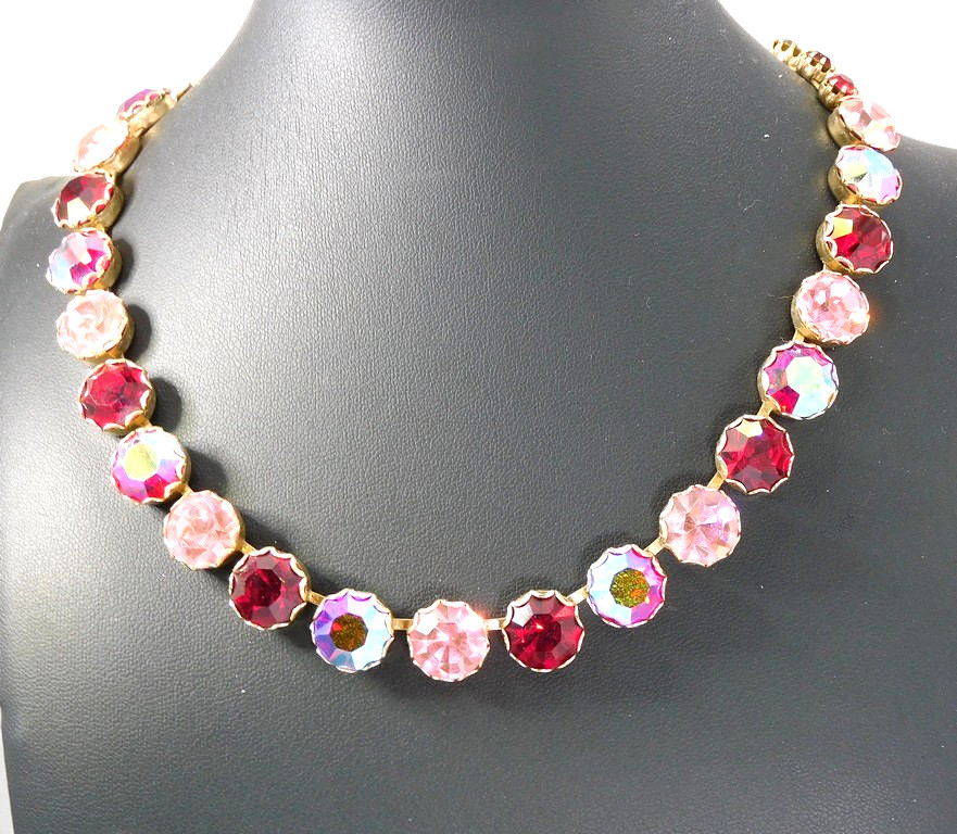 Vintage WEISS Pink Red AB Loop Prong Set Rhinestone Necklace Adjustable to 17″