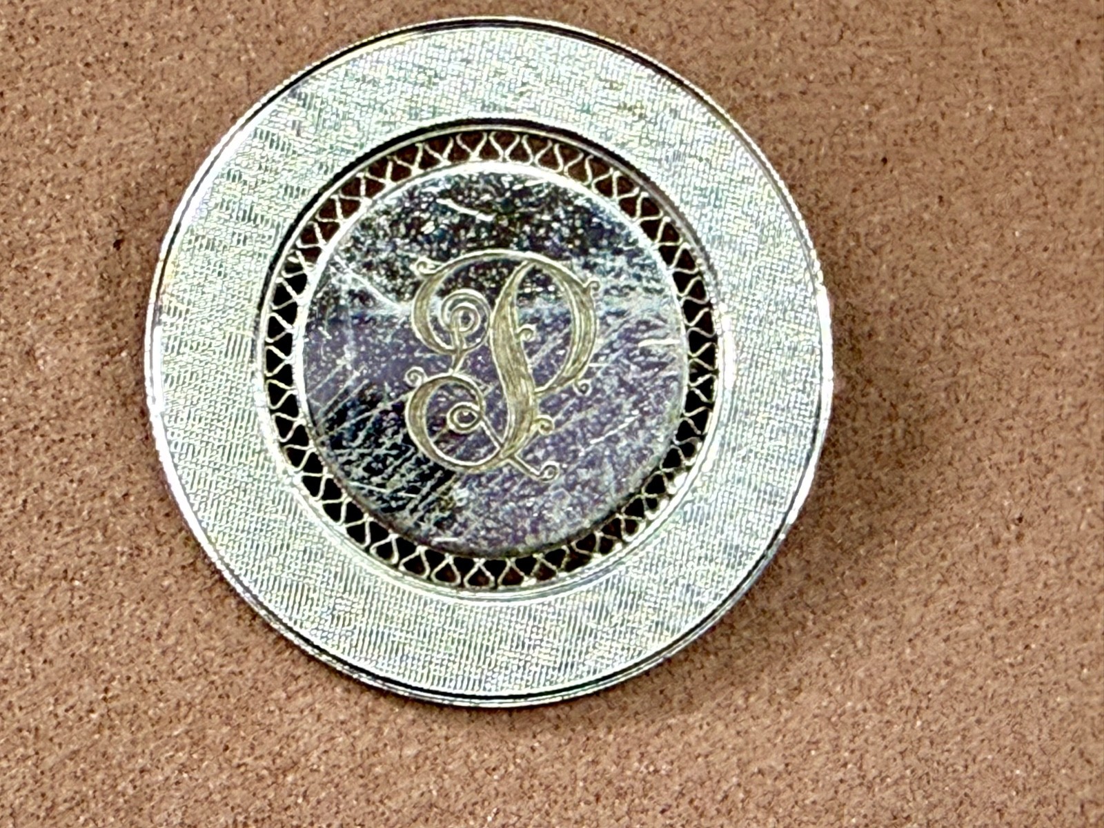 Initial Letter P ? Calligraphy On Vintage Sterling Silver Round Disc Brooch