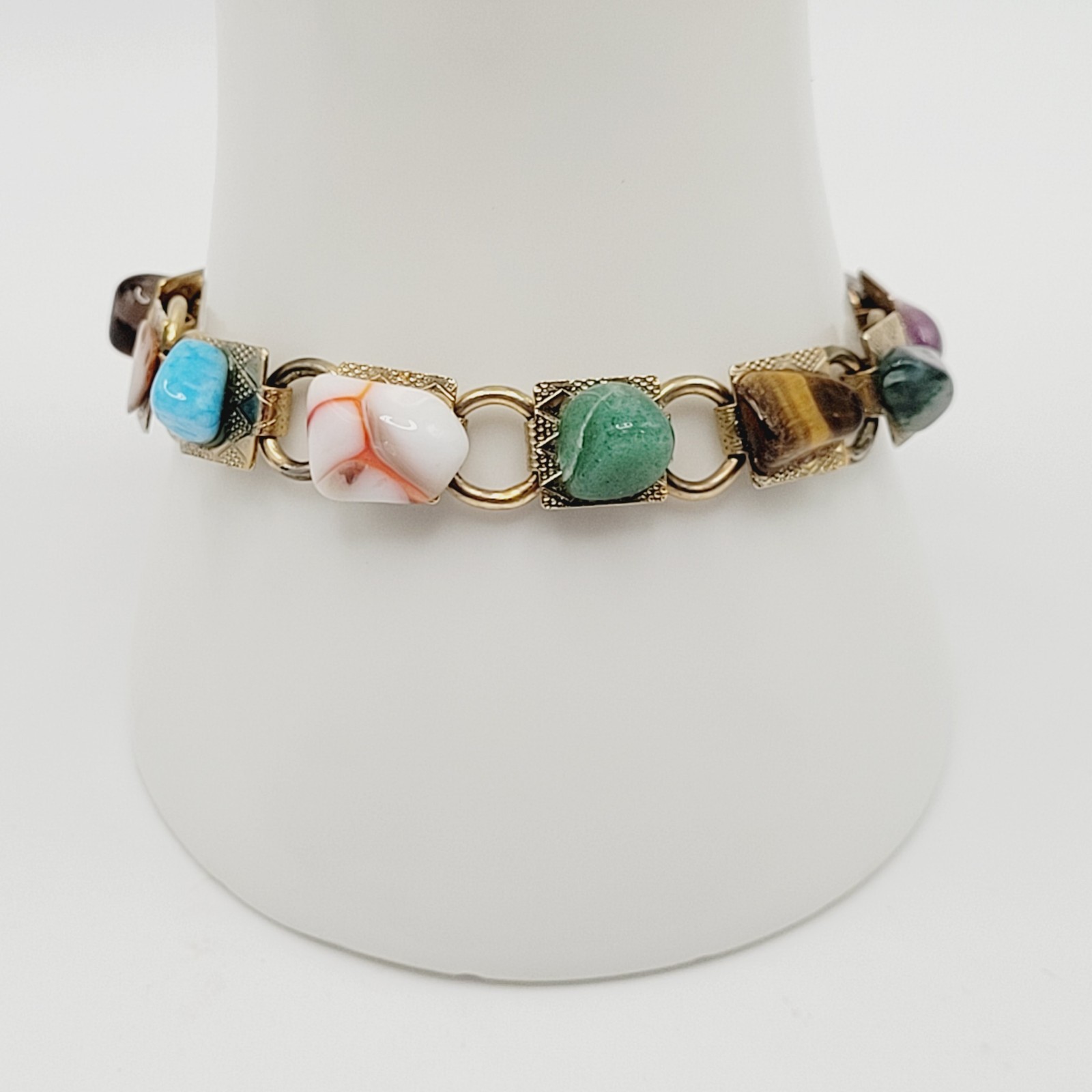 Souvenir Louisiana Natures Worldwide Polished Gemstones Gold Tone Vtg Bracelet