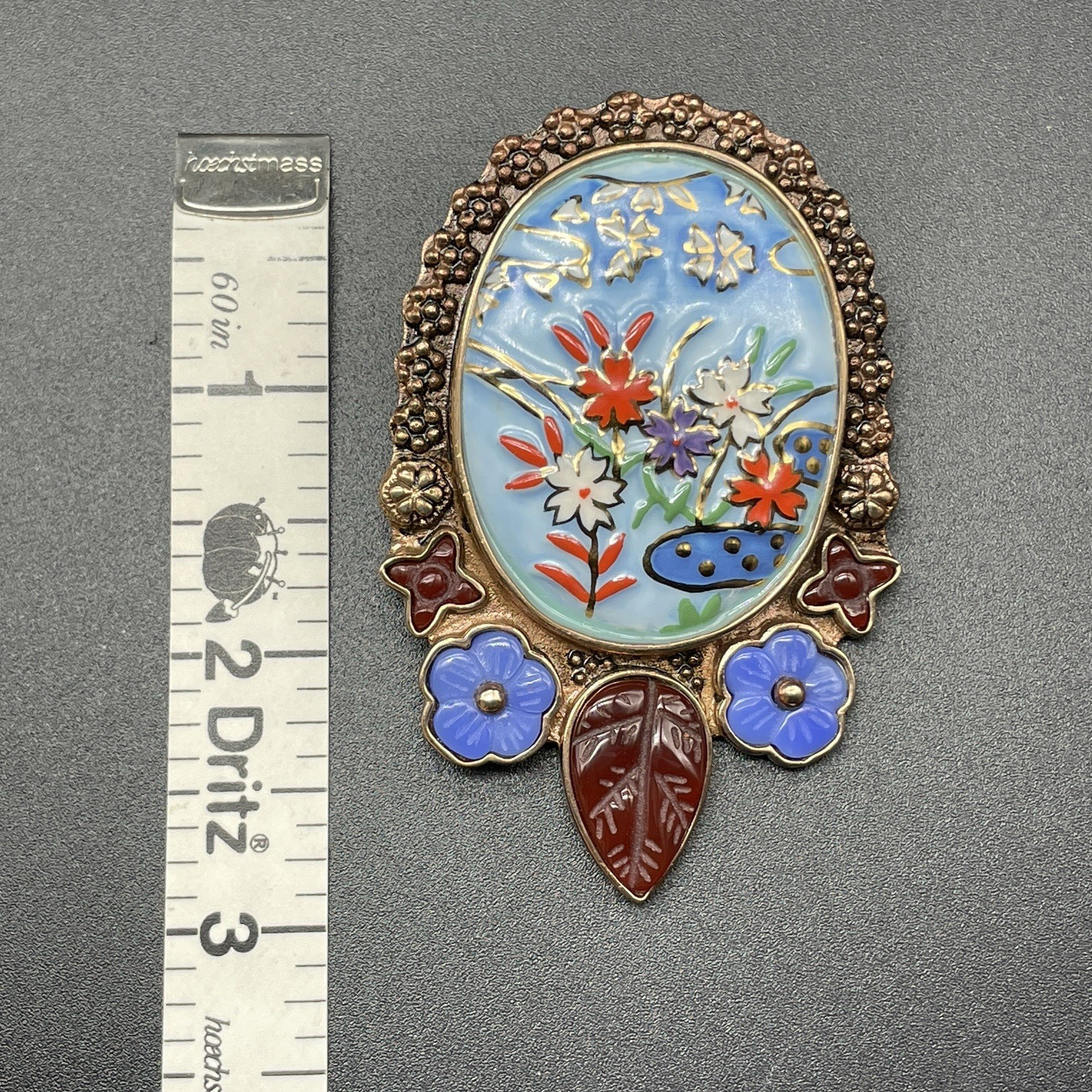 Amy Kahn Russell Bronze Enamel Multi-Gem Flower Lilypond Brooch Pendant AKR