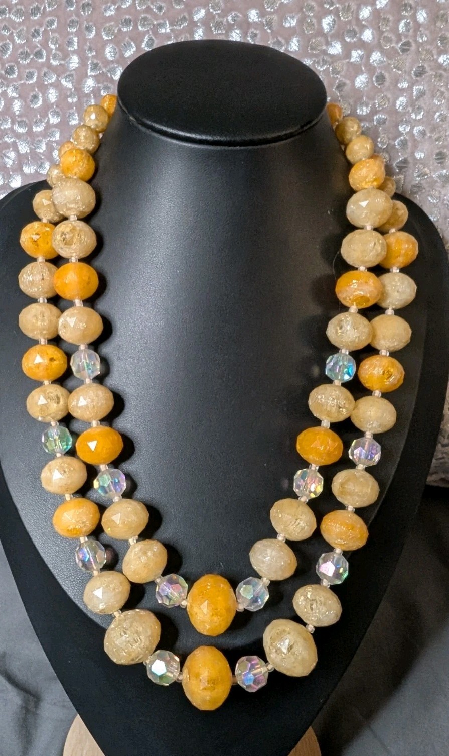 West Germany Vintage Yellow Clear Acrylic Beaded Necklace, Box Cluster Clasp 20″