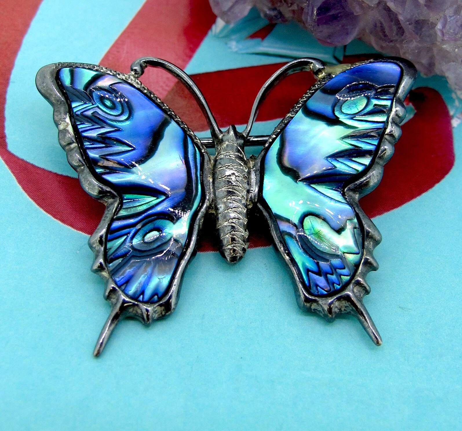 Ataahua Vintage Blue Butterfly Brooch Paua Shell Circa 1970s Sterling Silver