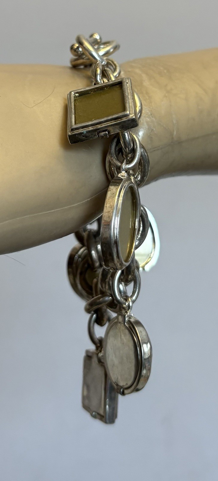 Vintage Photo Locket Charm Bracelet Silverplated Toggle 8” Heart Oval Square 6P