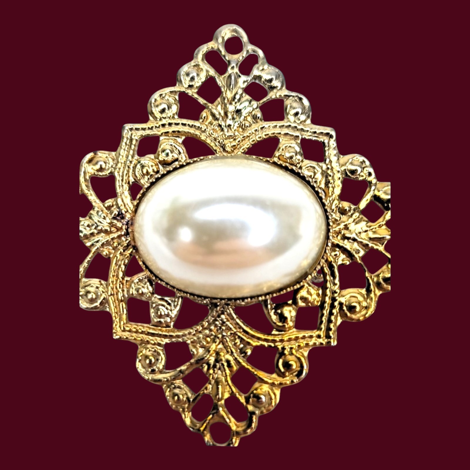 Filigree Brooch Pin Vintage Large Oval Simulated Pearl Gold Tone Diamond Shape