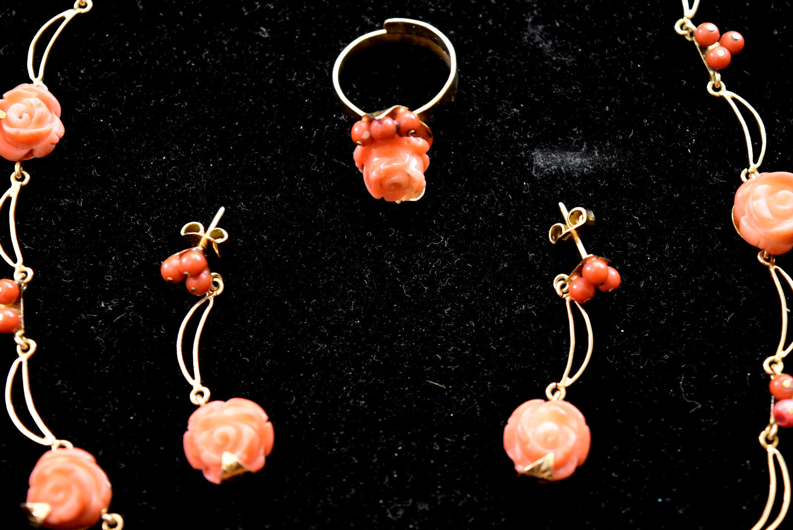 18K Solid Rose Gold and Natural Untreated Coral Necklace, Earrings & Ring Set