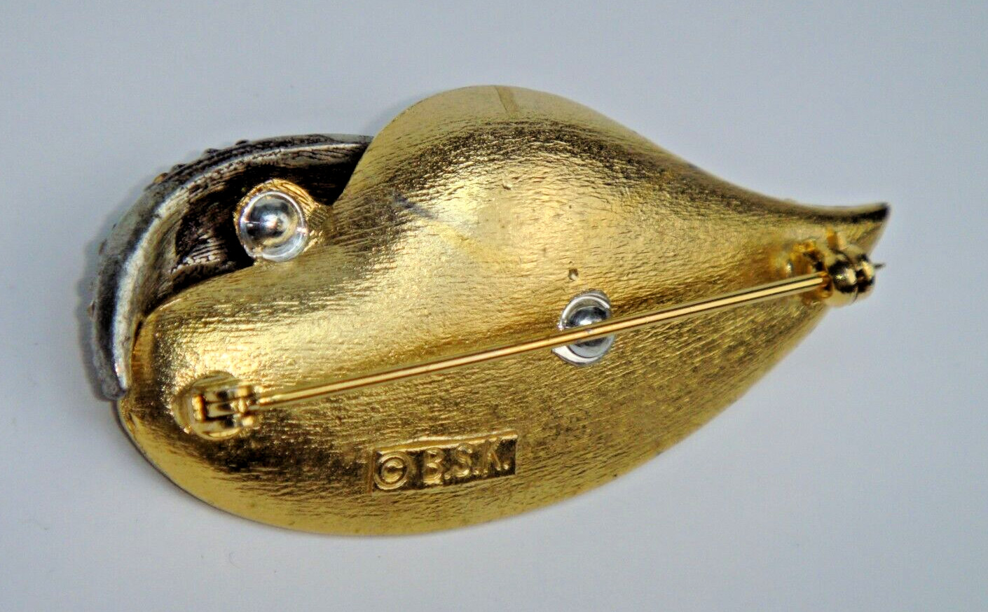 Leaf Pin-Brooch Brushed Yellow Gold-Tone with Crystal Rhinestones Signed B.S.K.