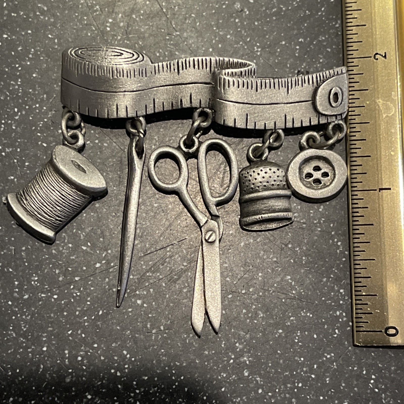 JJ Jonette Pewter-Tone Tape Measure Brooch w/ Sewing Notion Charms: Scissors +