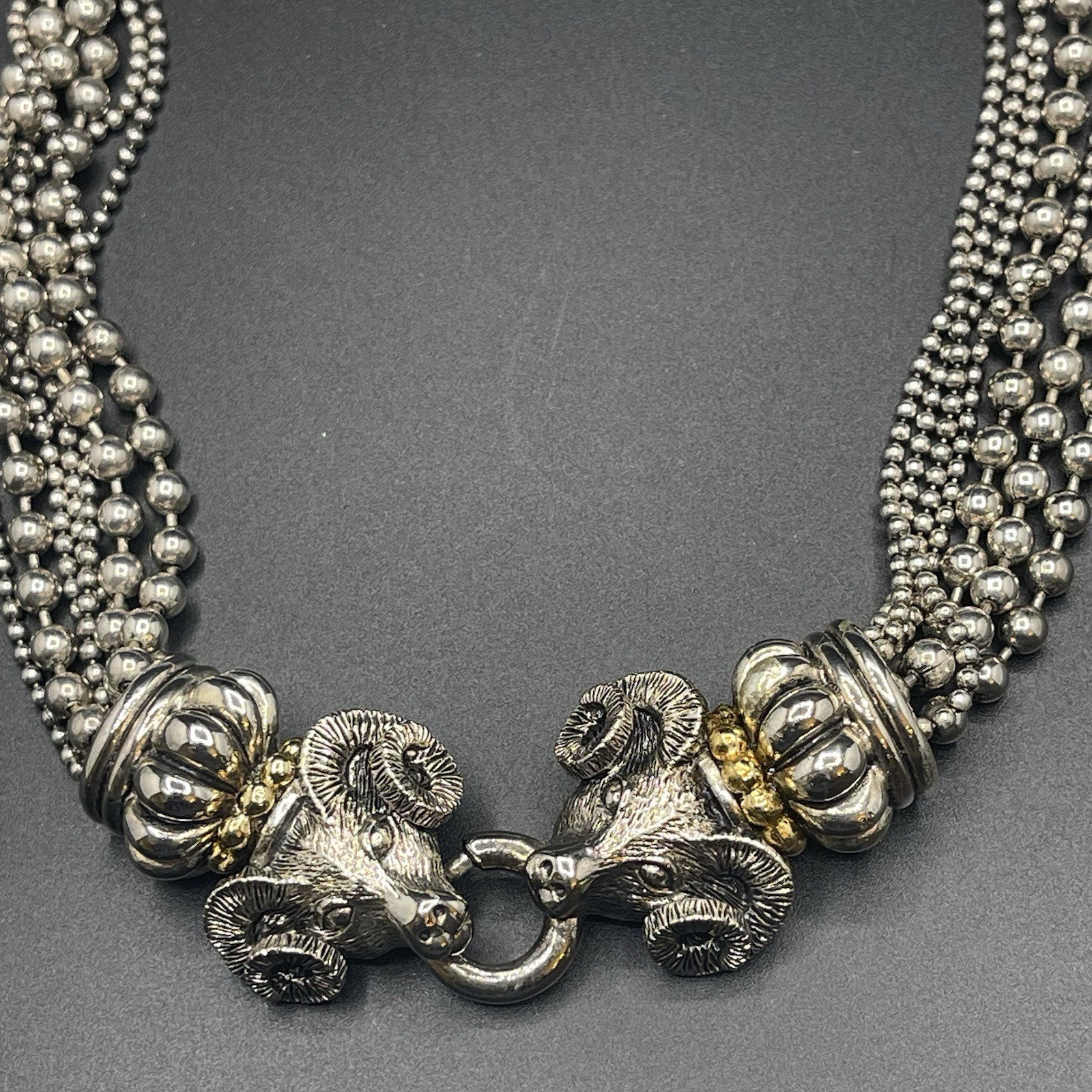 VTG Signed PISCITELLI 7 Strands Silver & Gold Tone Rams Head Statement Necklace