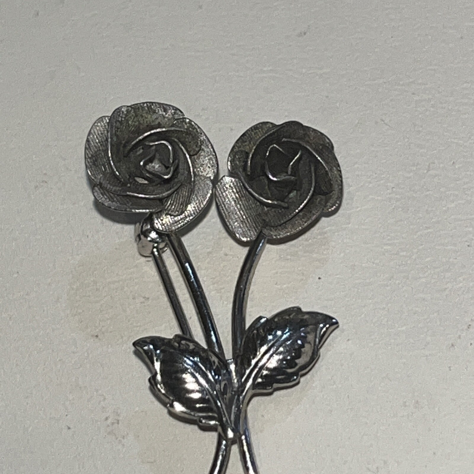 Sterling Silver Double Rose Flower Brooch Pin 1.5 Signed AC