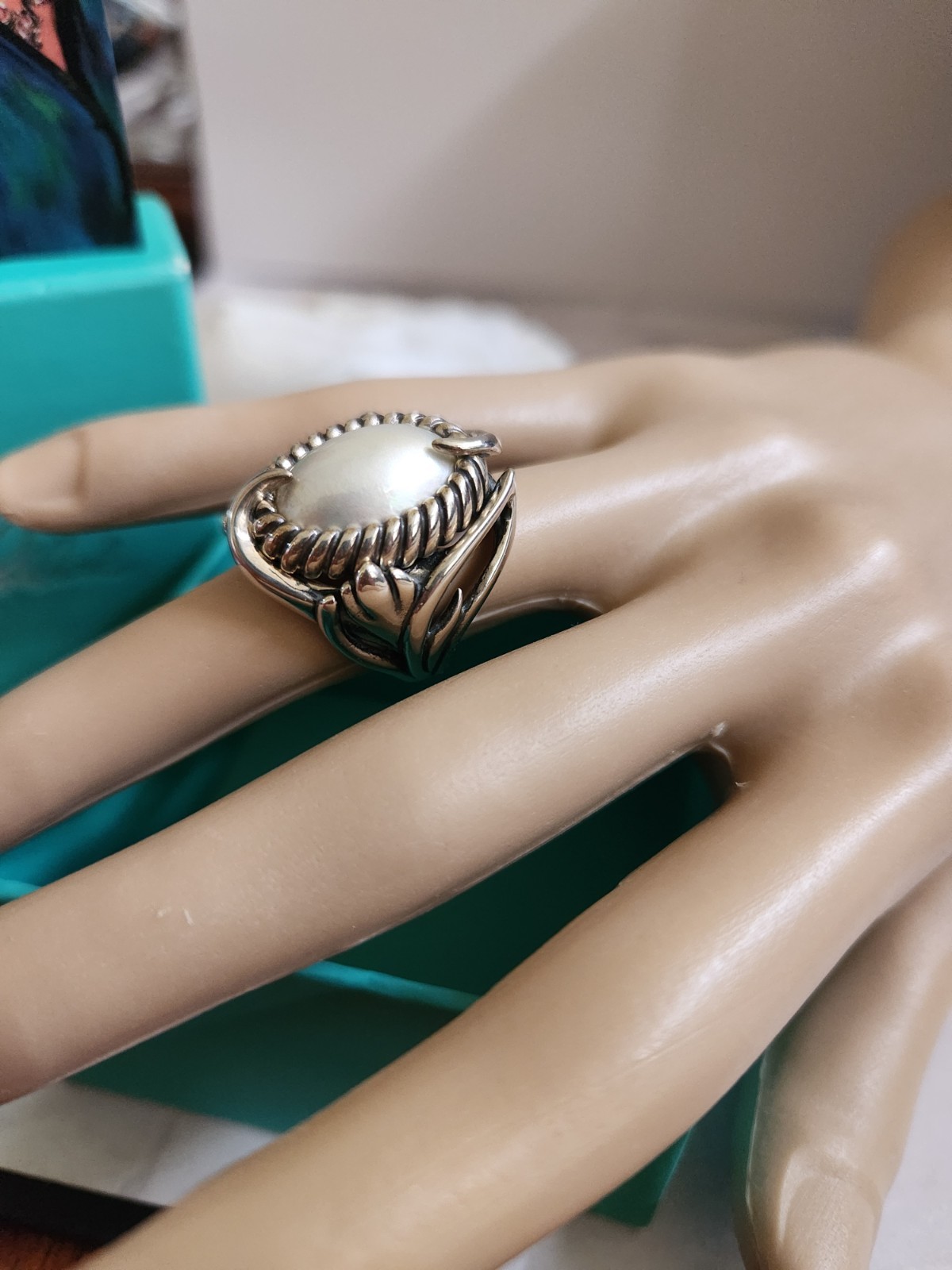 Carolyn Pollack Large Oval Pearl Ring Size 5.4 Box, Bag Sterling Vintage