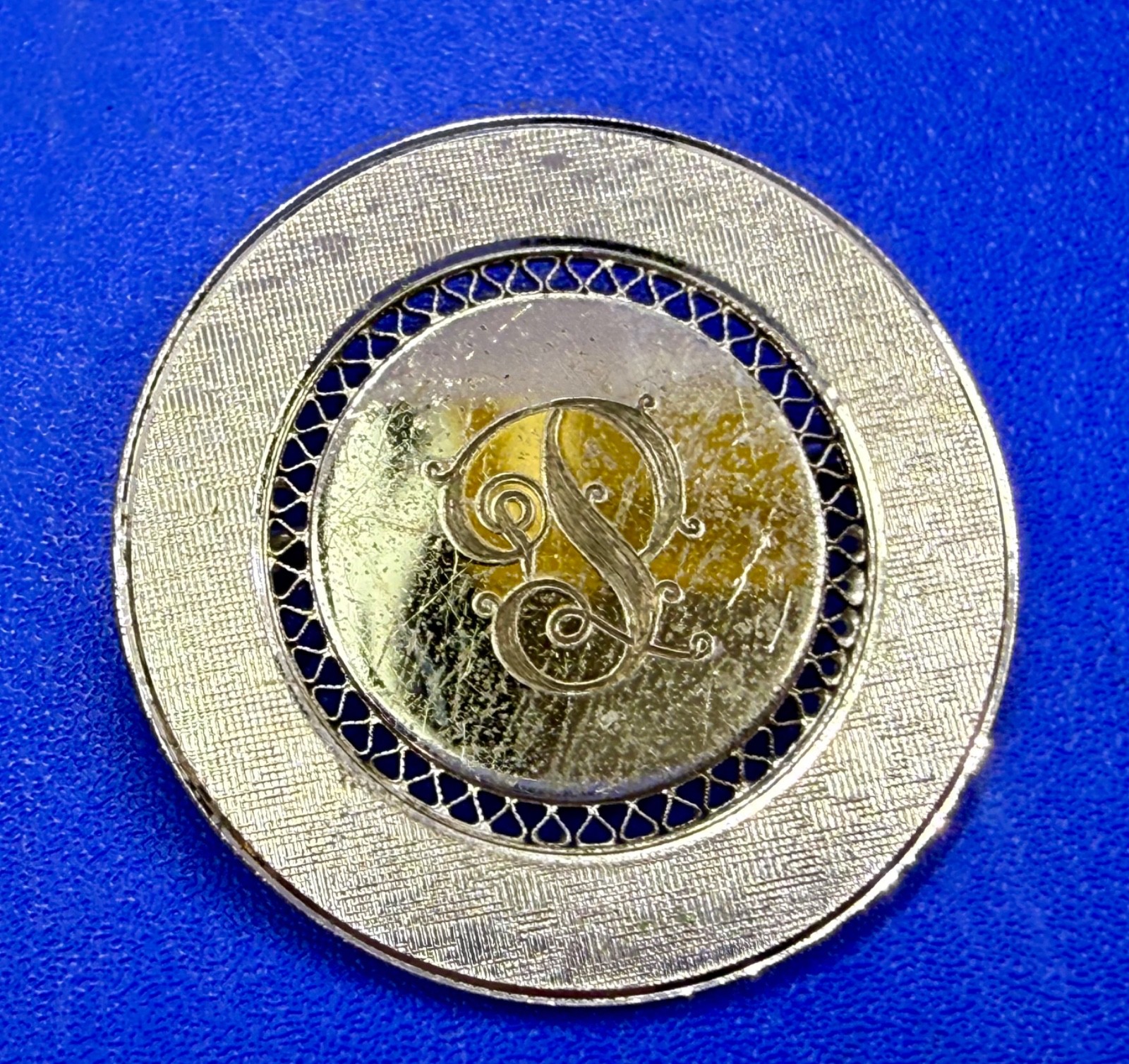Initial Letter P ? Calligraphy On Vintage Sterling Silver Round Disc Brooch