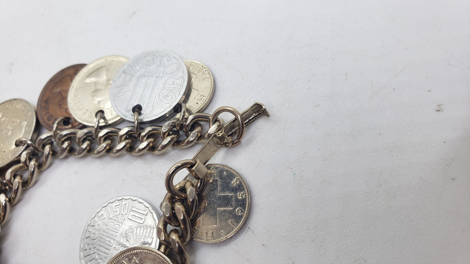 Vintage Coin Charm Bracelet Souvenir Mixed Coins Queen Elizabeth Regina Collect