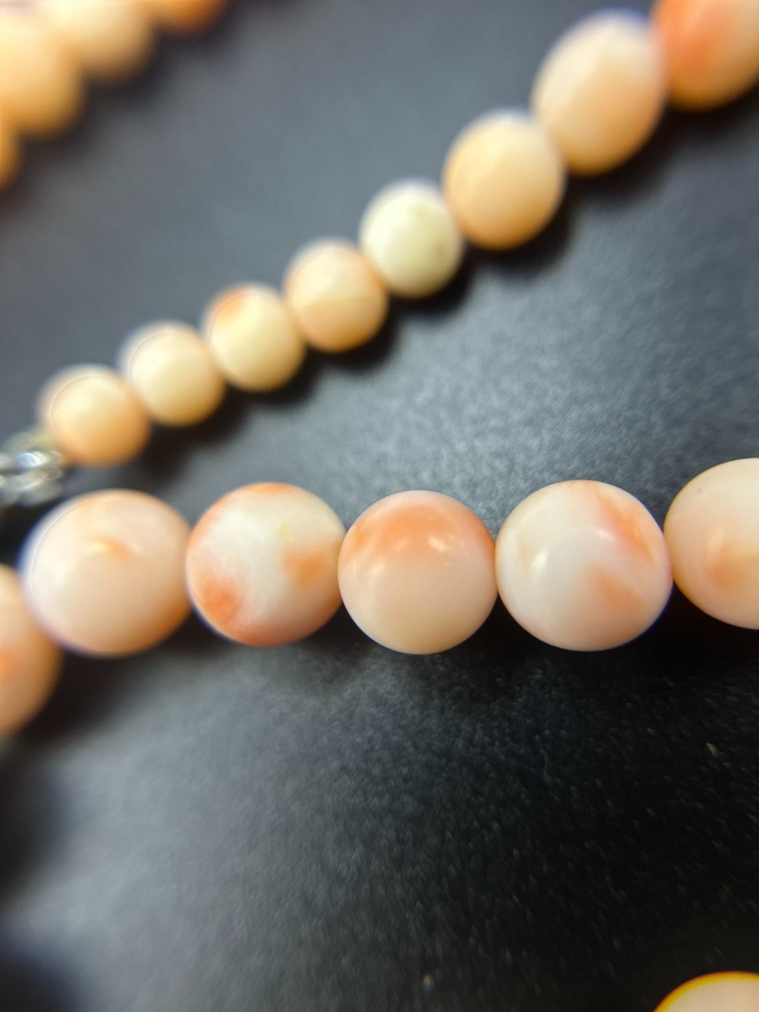 Japanese Pink Coral Bead Necklace Angel Skin Coral Graduated 10.6mm Silver Clasp