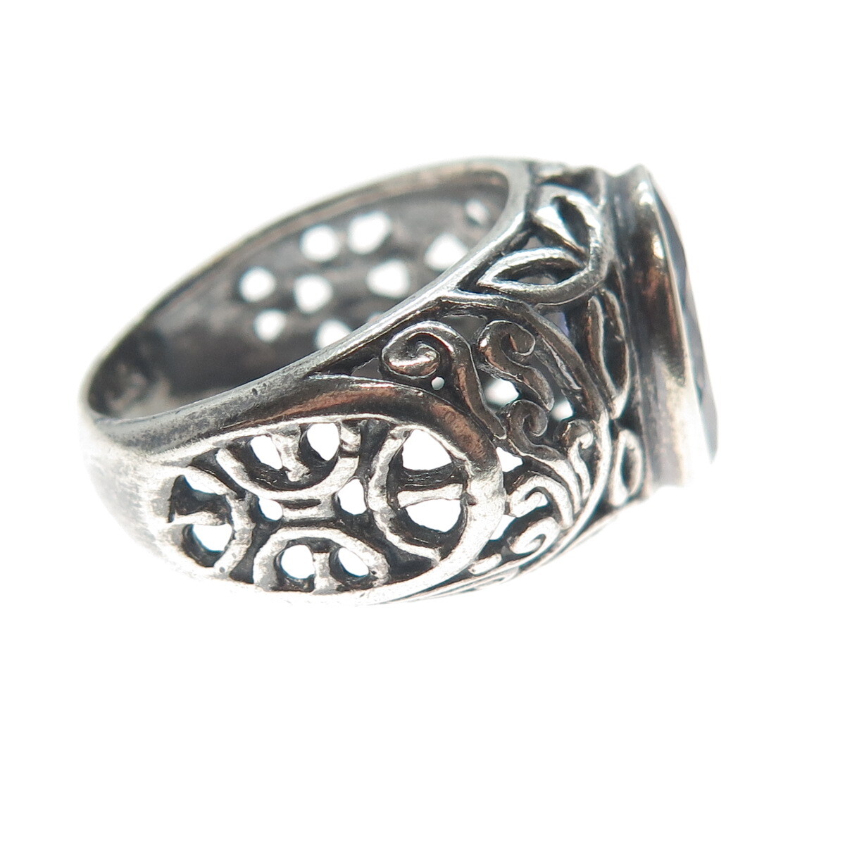 925 Sterling Silver Vintage Real Iolite Gemstone Ornate Oxidized Ring Size 6