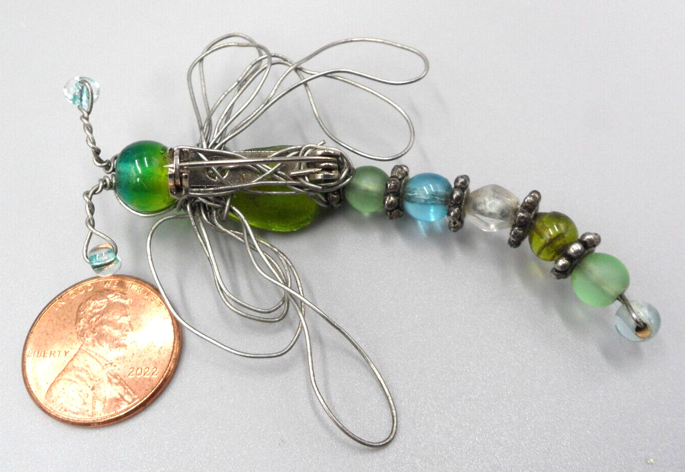 Vintage Dragonfly Brooch Art Glass Beads Wire Work 70s Retro Hippie Boho 3″