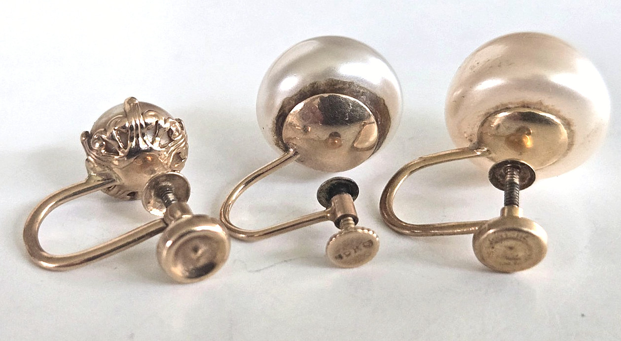 3 Vintage 10K Signed BDA S & G Faux Pearl Single Screw Back Earrings 4.95grams