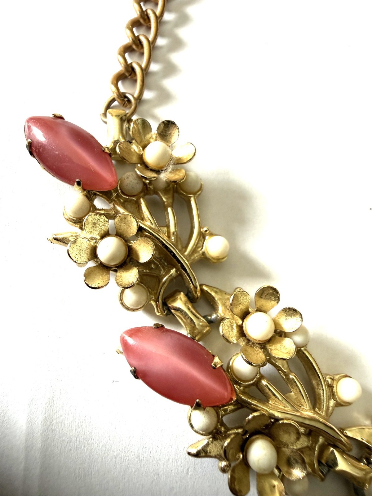 Vintage Floral Cluster Necklace and Clip On Earrings Set W/ Pink Marquis Stones