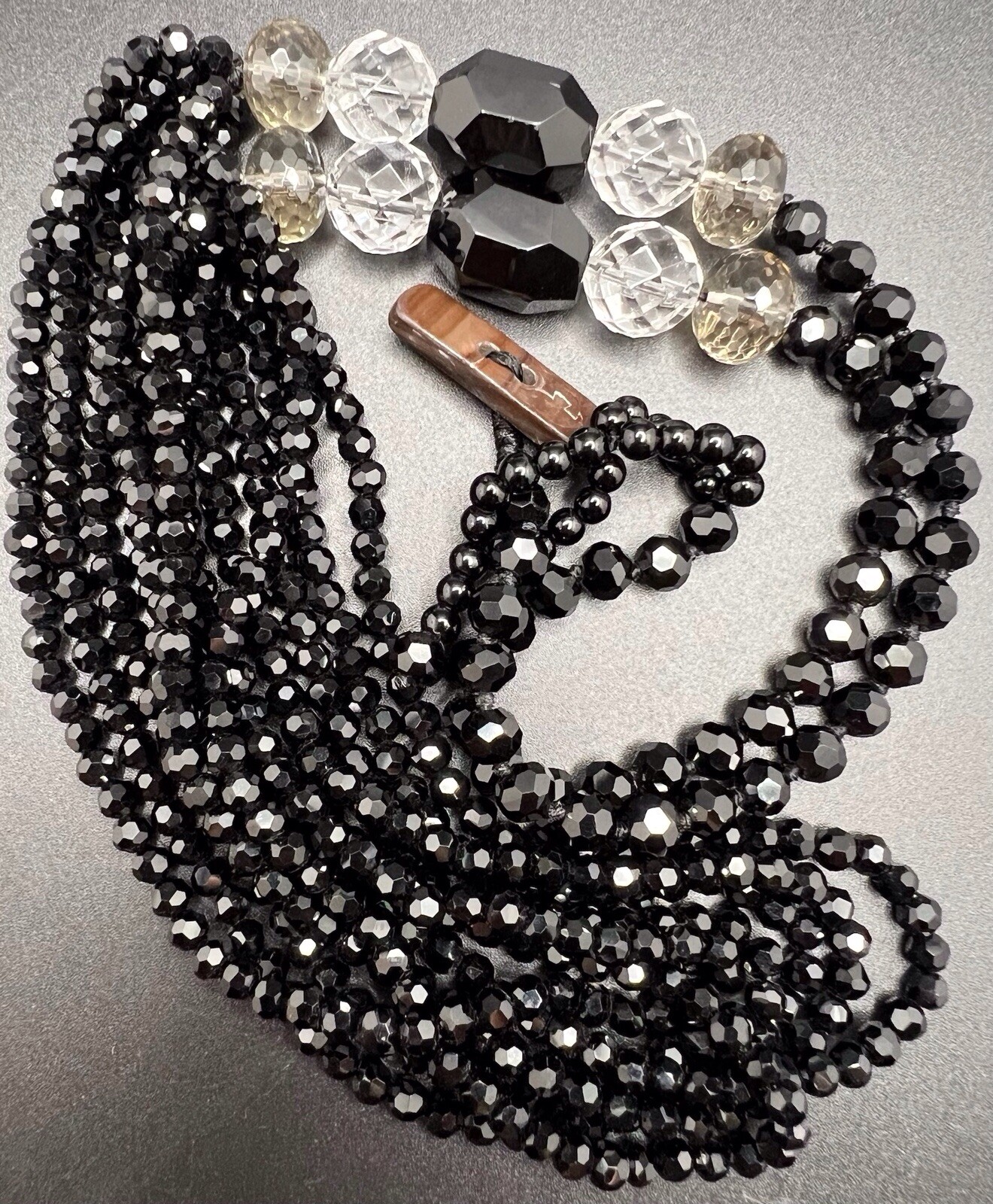 Vintage Black / Clear Crystal Bead Strand Necklace Art Deco Style 29in.
