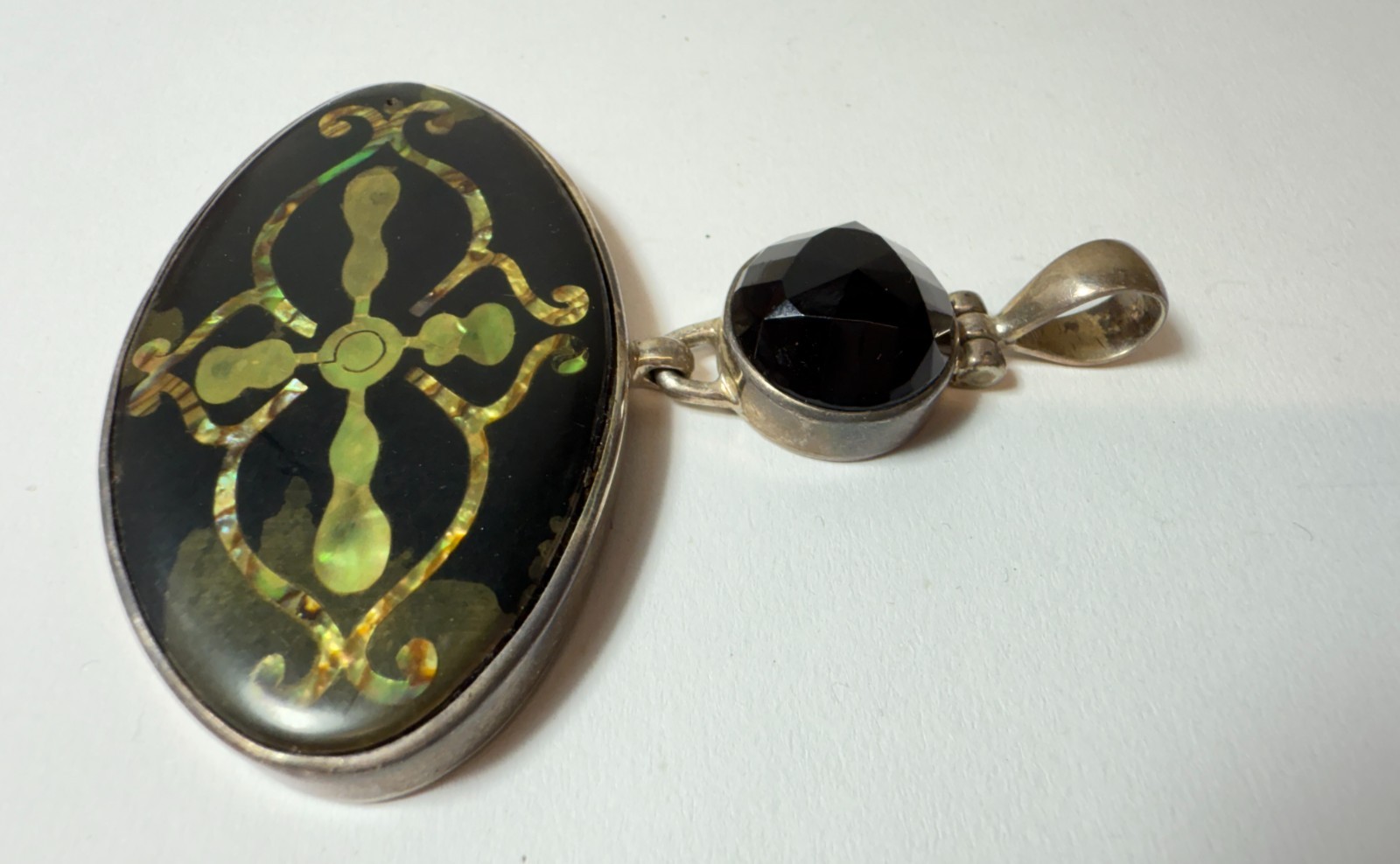 Mexican Sterling Silver Pendant Onyx and Abalone Inlay Large Vintage 38g