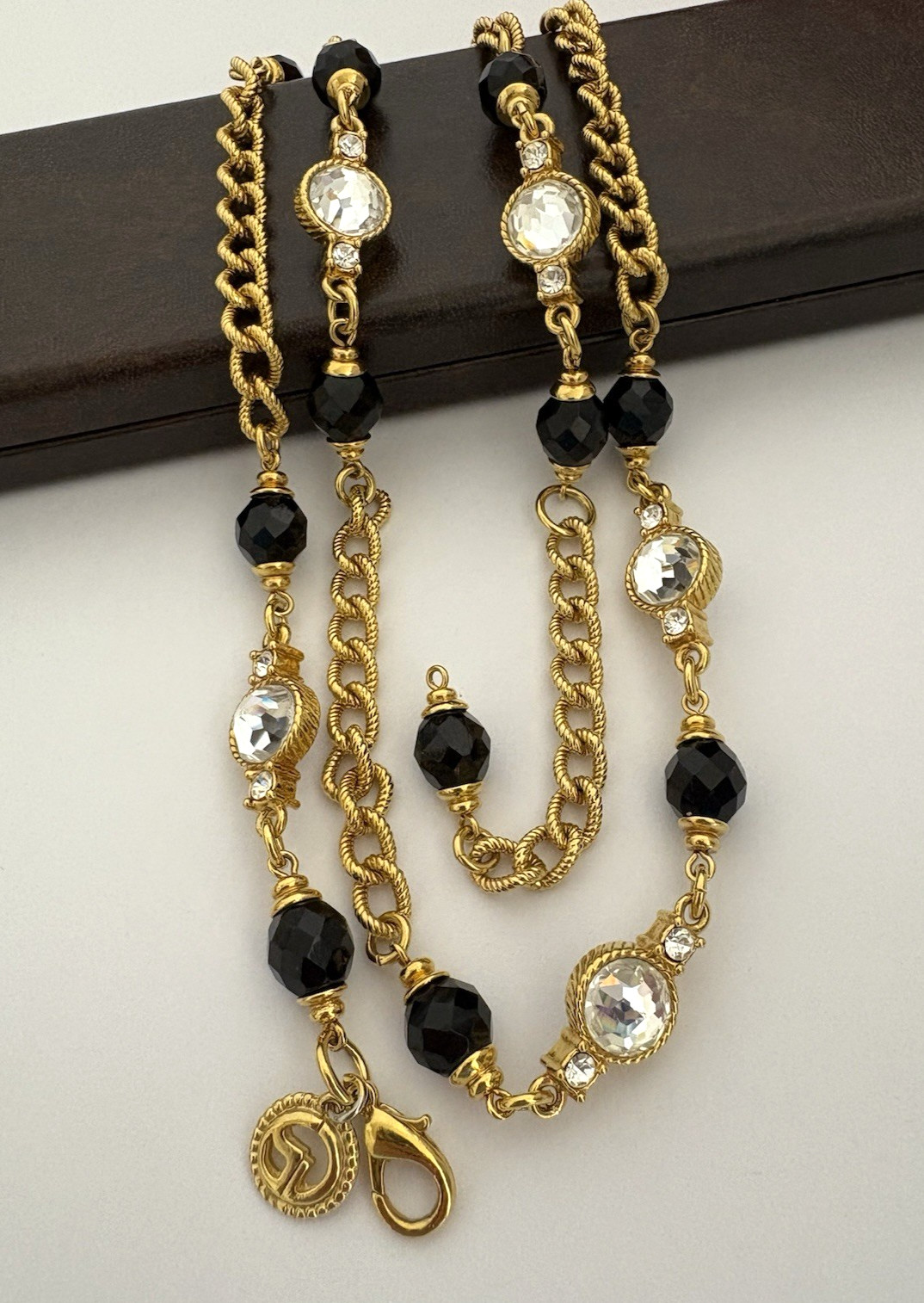 Vintage St. John Necklace Thick Textured Gold Tone Chain Black Clear Glass Beads