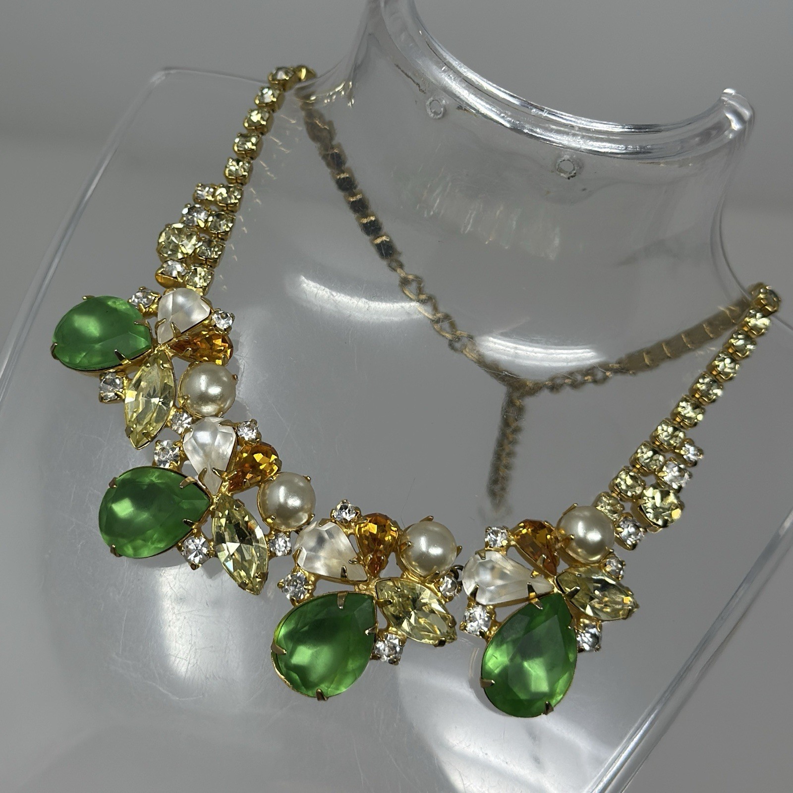Vintage Czech Crystal Collar Necklace Green Yellow Imitation Pearl Statement 17”