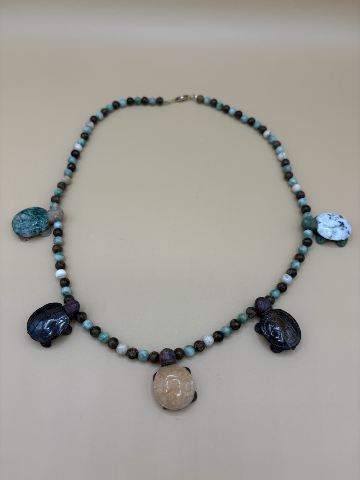 Assorted Color Stone Bead Necklace with 5 Carved Turtle Pendants