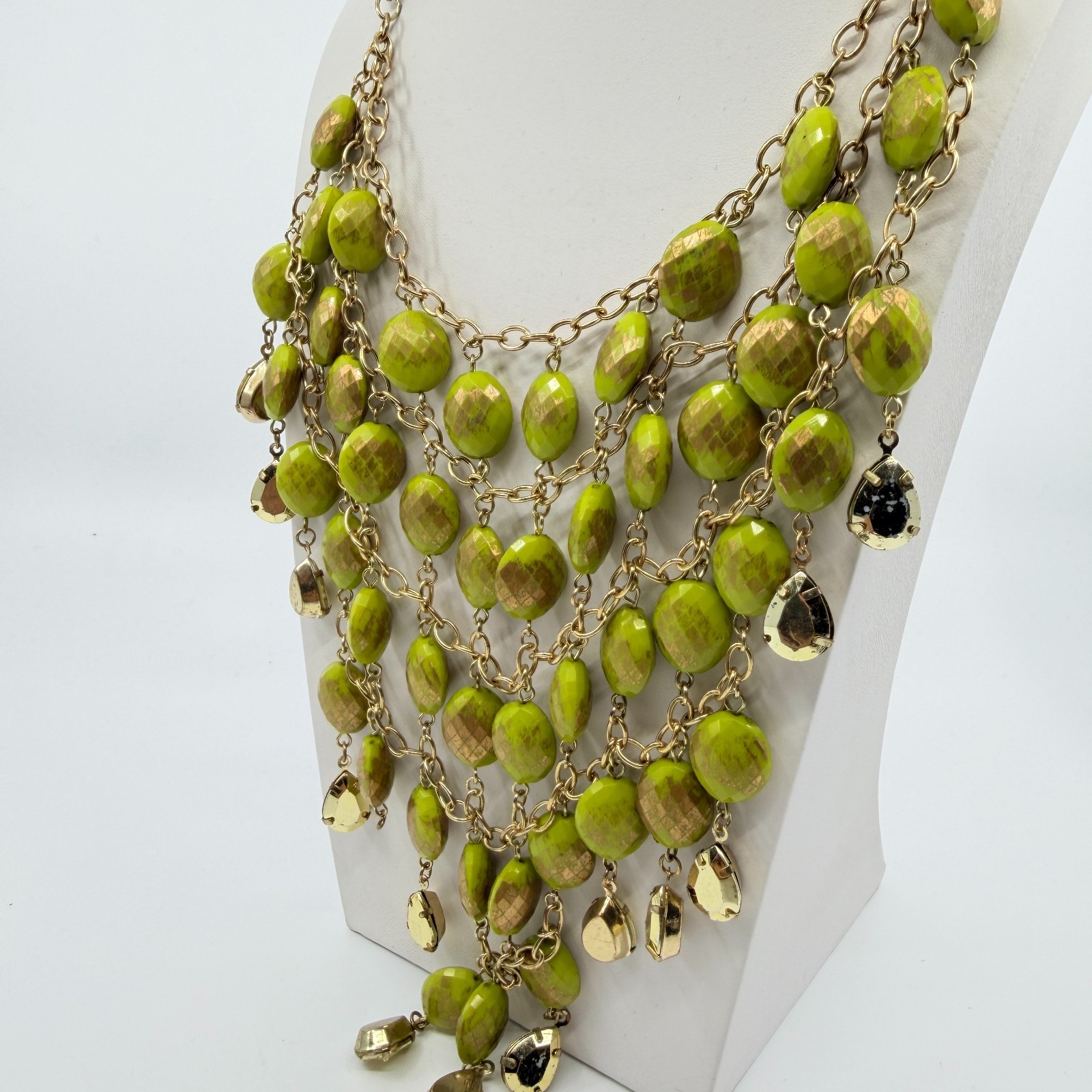 Necklace Vintage Gold Tone Lime Green Bead Bib Statement Bold Chunky Retro Y2K