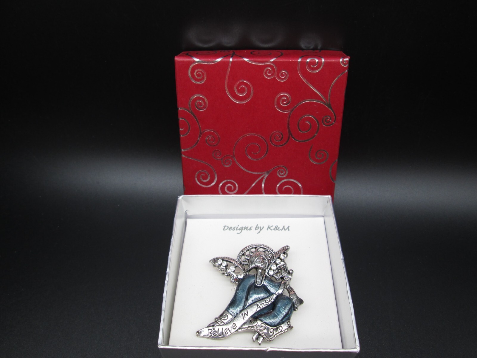 Vintage Angel Brooch Pin Silver Tone Rhinestone Blue Enamel Believe Estate NIB