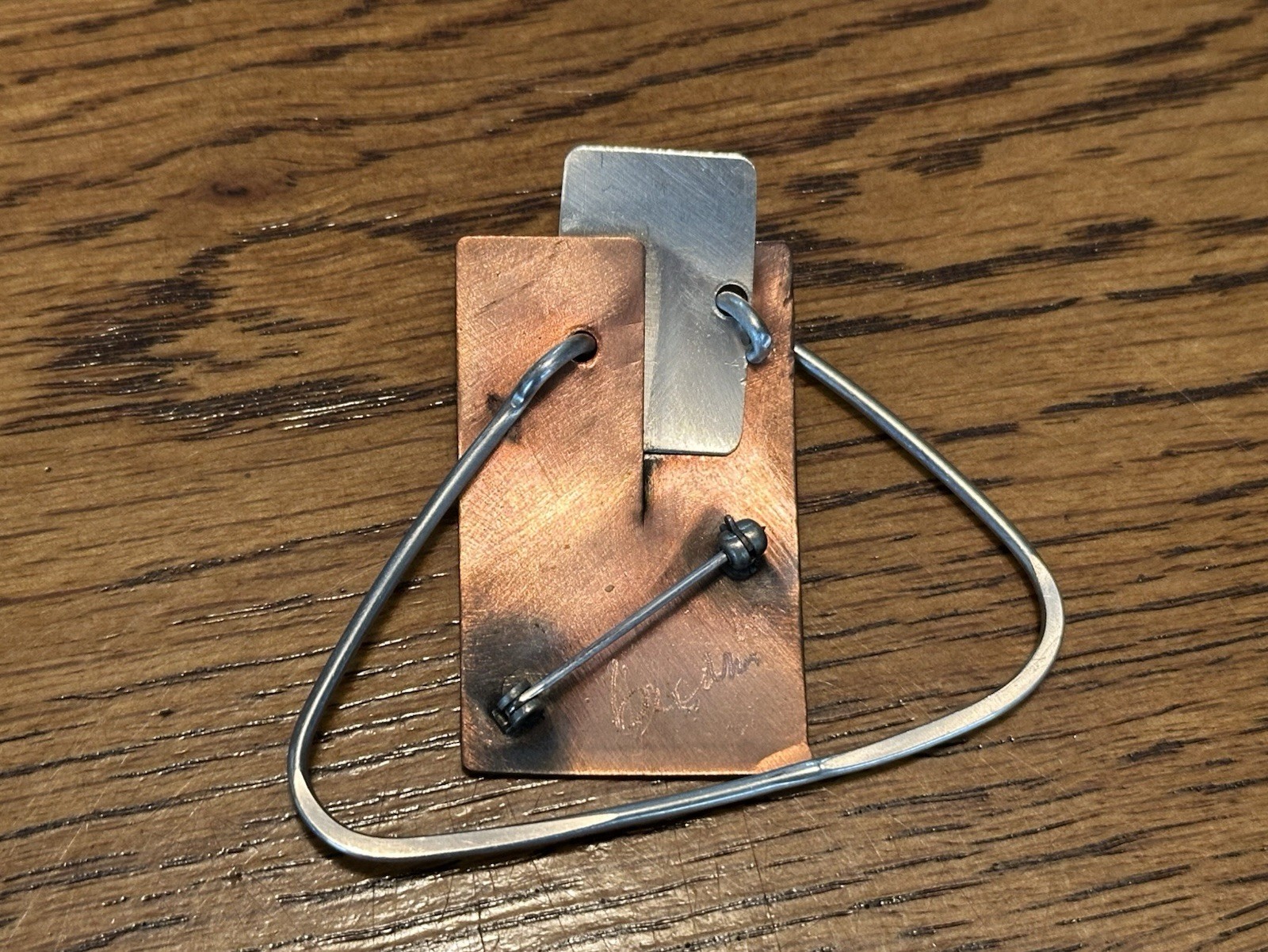 Vintage Artisan Signed Modernist Copper & Silver Tone Brooch 2 1/2”